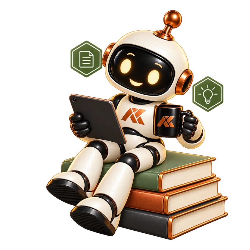 Atlas reading a tablet while seated on books with a coffee