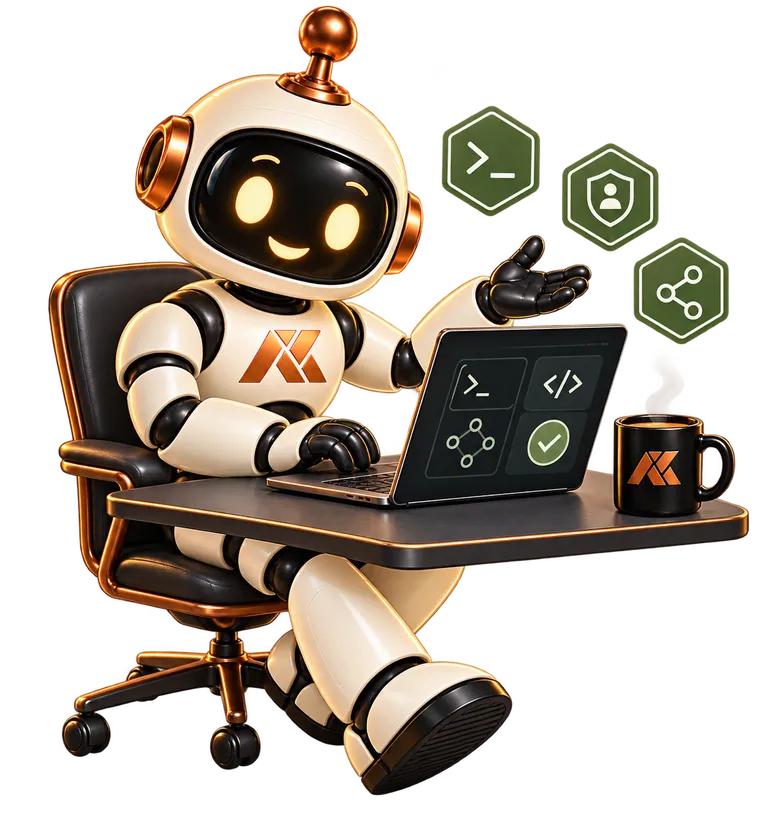 Atlas, the Andy Kemp Consulting robot, working at a laptop